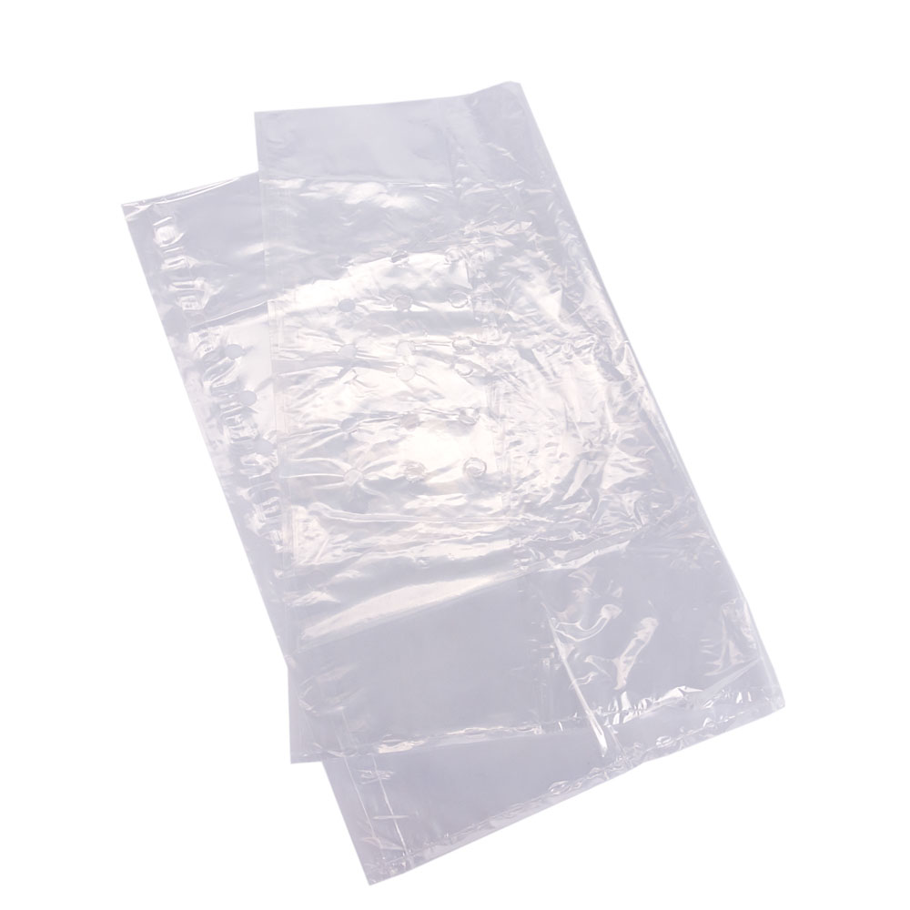 BOLSAS PLASTICAS mE PE CRISTAL (B/D - 25MIC - C/FUELLE) 105X65CM PERFORADAS *100UNID