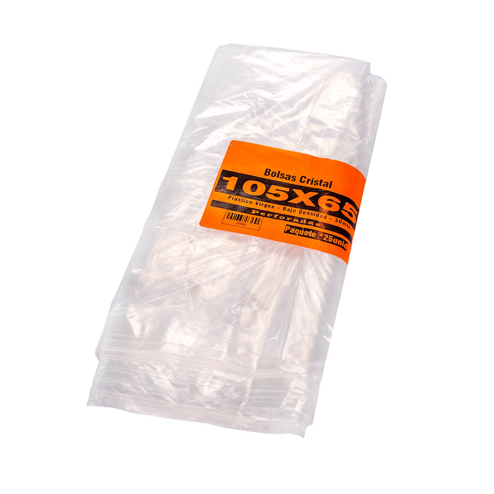 BOLSAS PLASTICAS mE PE CRISTAL (B/D - 25MIC - C/FUELLE) 105X65CM PERFORADAS *100UNID