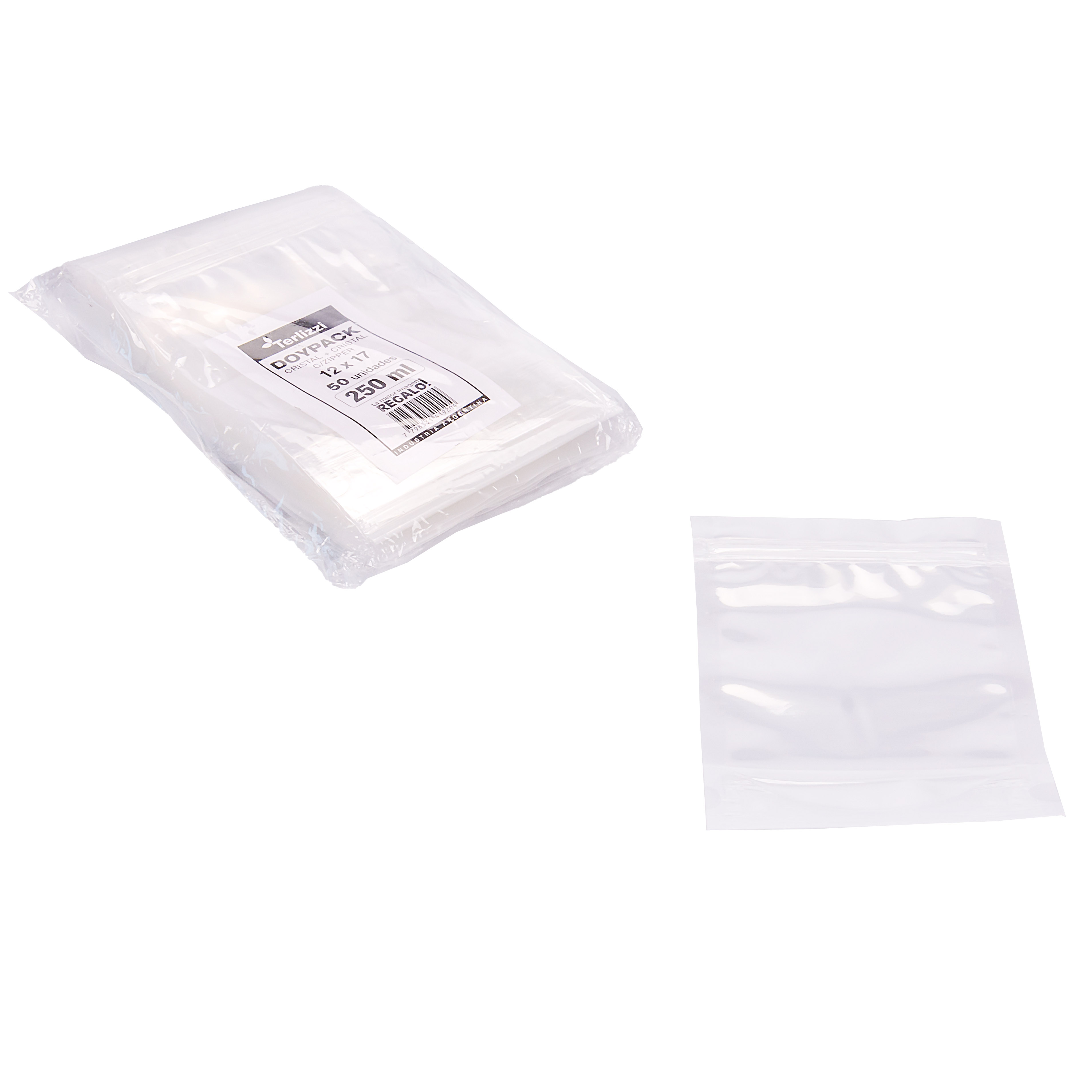 BOLSAS DOYPACK CRISTAL 250ML CON ZIPPER 12*17CM (90MIC) *50UNID