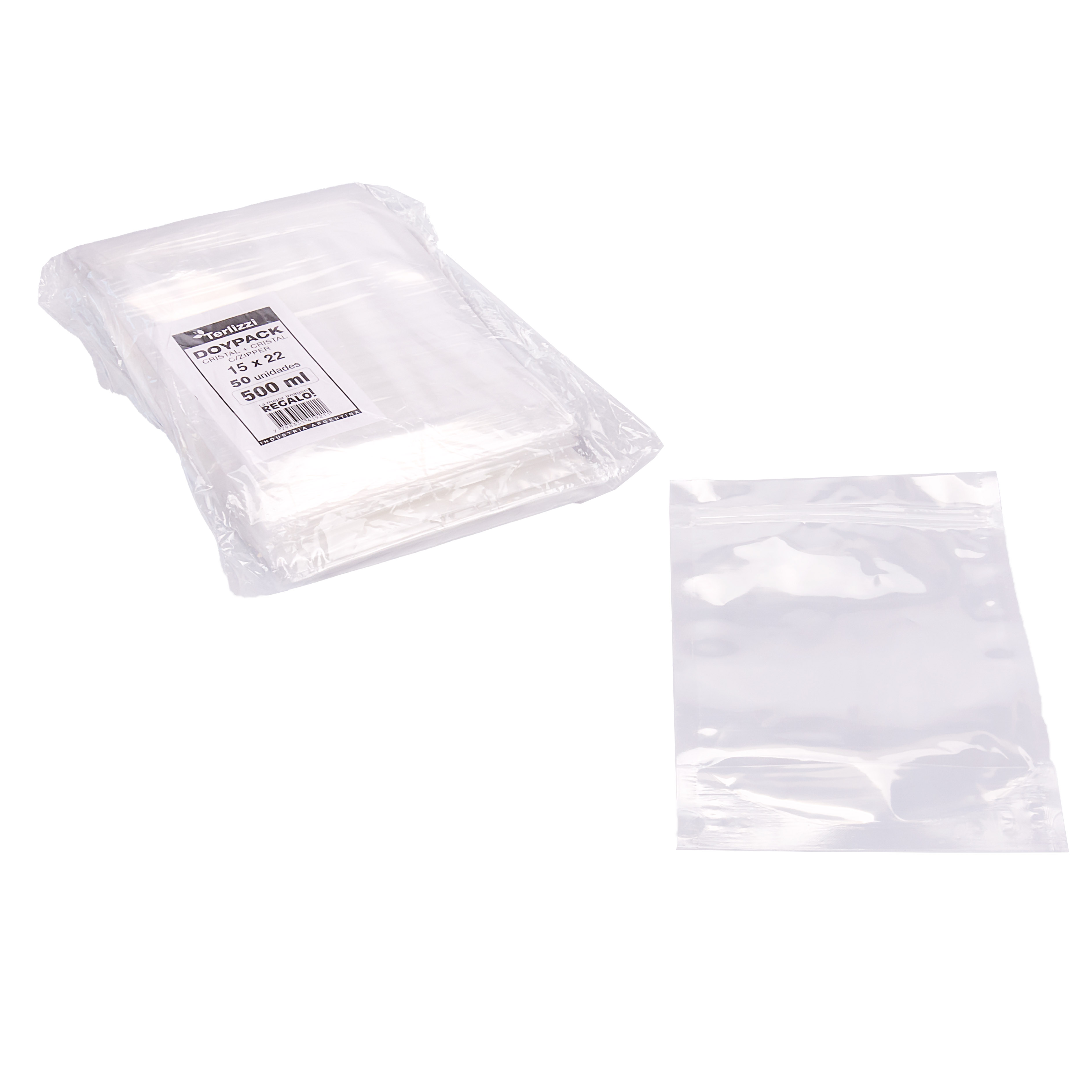BOLSAS DOYPACK CRISTAL 500ML CON ZIPPER 15*22CM (95MIC) *50UNID