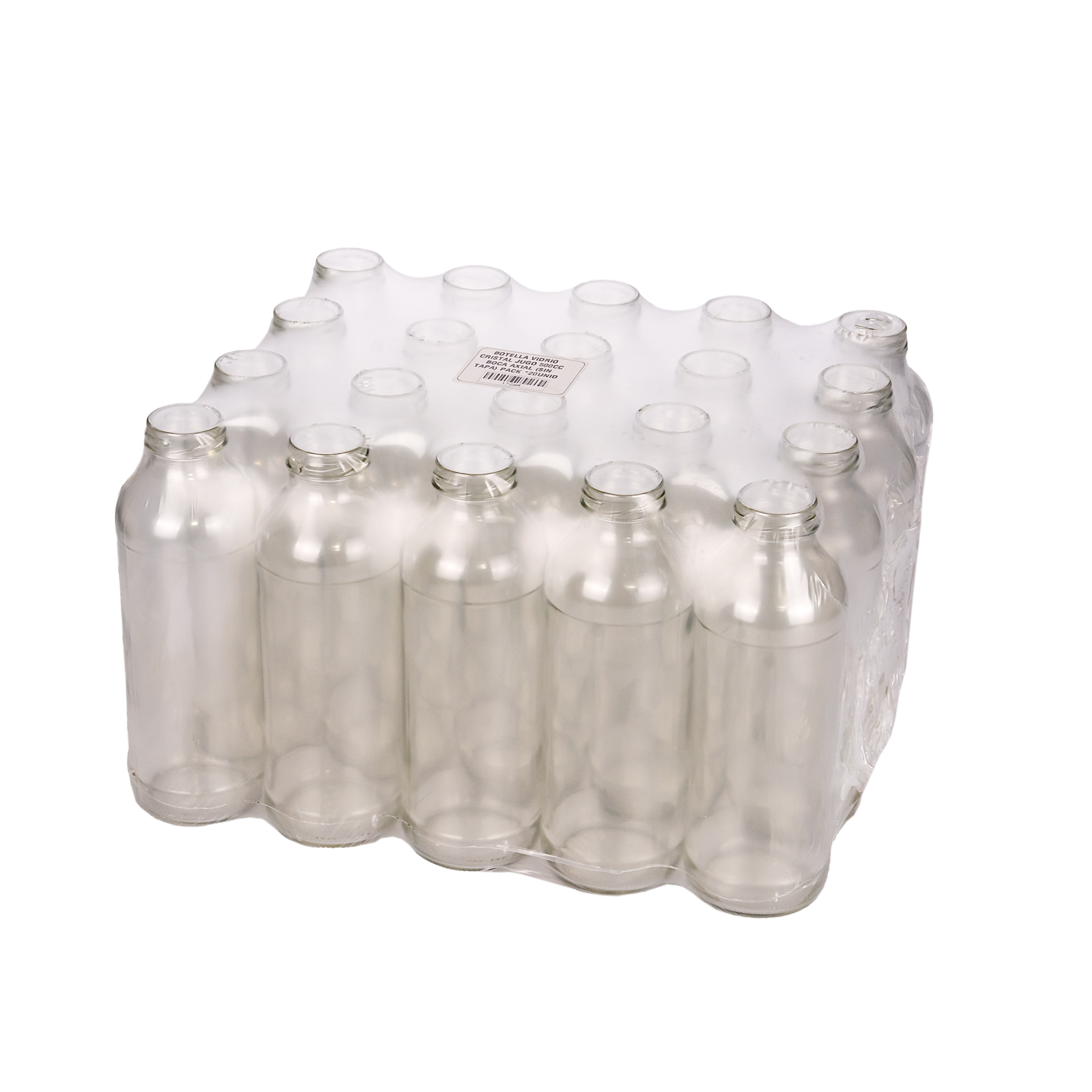 BOTELLA VIDRIO CRISTAL JUGO 500CC BOCA AXIAL (SIN TAPA) PACK *20UNID