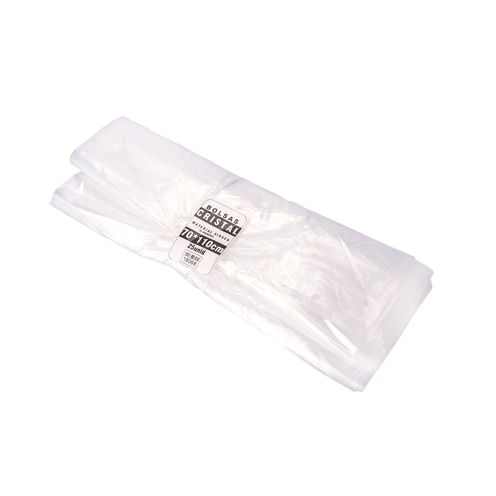 BOLSAS PLASTICAS mE PE CRISTAL (B/D - 35MIC - C/FUELLE) .70X110CM *25UNID