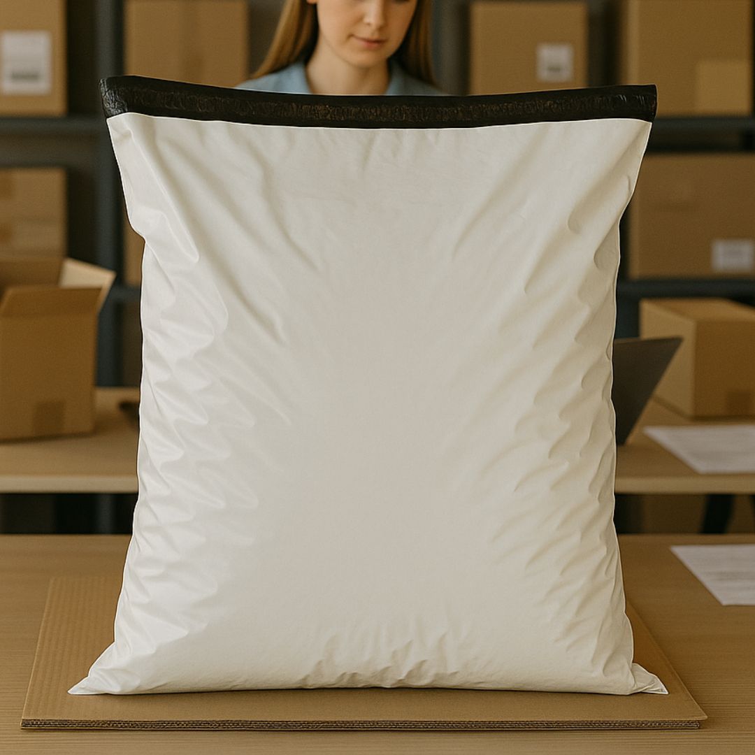 BOLSAS E-COMMERCE TRICAPA 45*55CM BLANCA/NEGRA (60MIC + FAJA SEGURIDAD) *50UNID