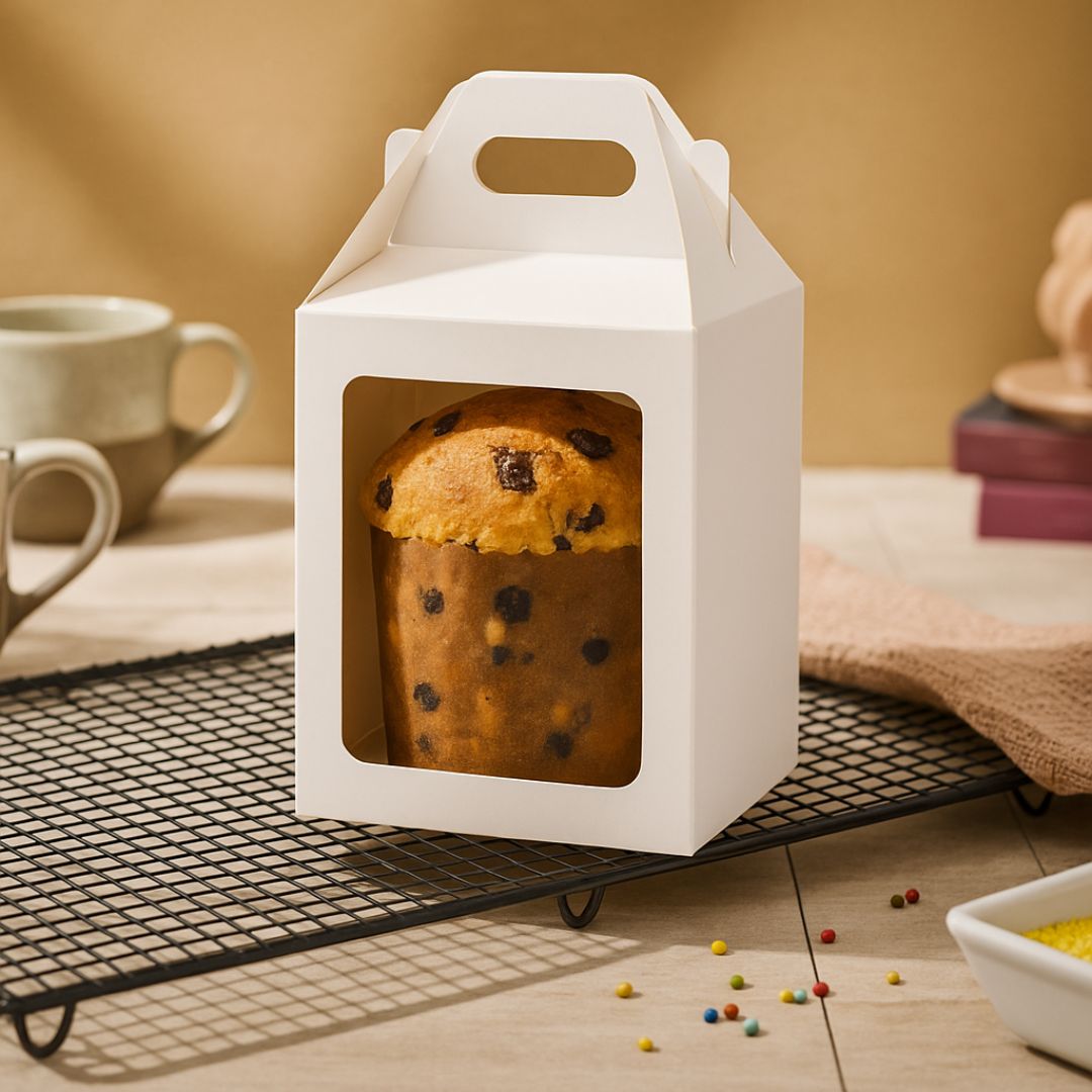 CAJA CARTULINA BLANCA PAN DULCE .1/2KG (12X12X17CM C/MANIJA Y VISOR) mE *25UNID