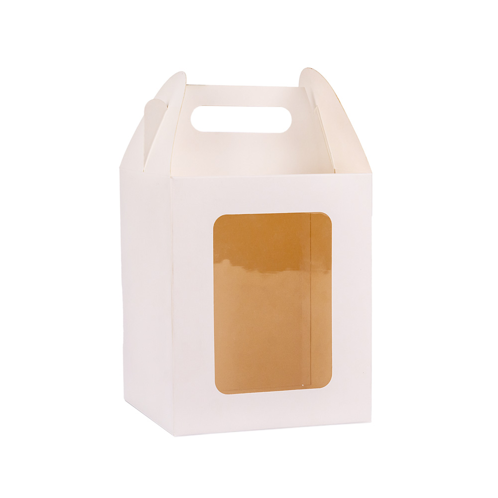 CAJA CARTULINA BLANCA PAN DULCE .3/4KG-1KG (15X15X19CM C/MANIJA Y VISOR) mE *25UNID