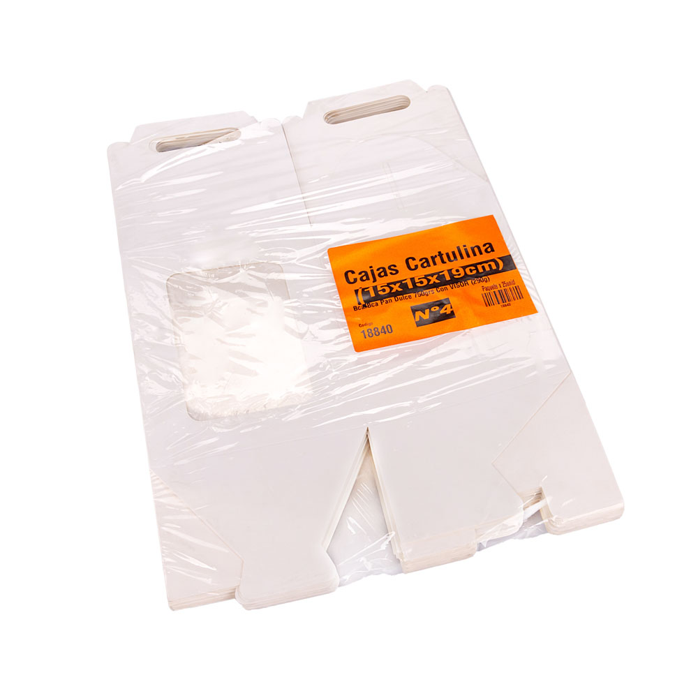 CAJA CARTULINA BLANCA PAN DULCE .3/4KG-1KG (15X15X19CM C/MANIJA Y VISOR) mE *25UNID