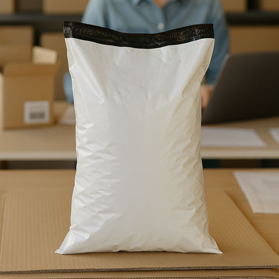 BOLSAS E-COMMERCE TRICAPA 25*35CM BLANCA/NEGRA (60MIC + FAJA SEGURIDAD) *50UNID