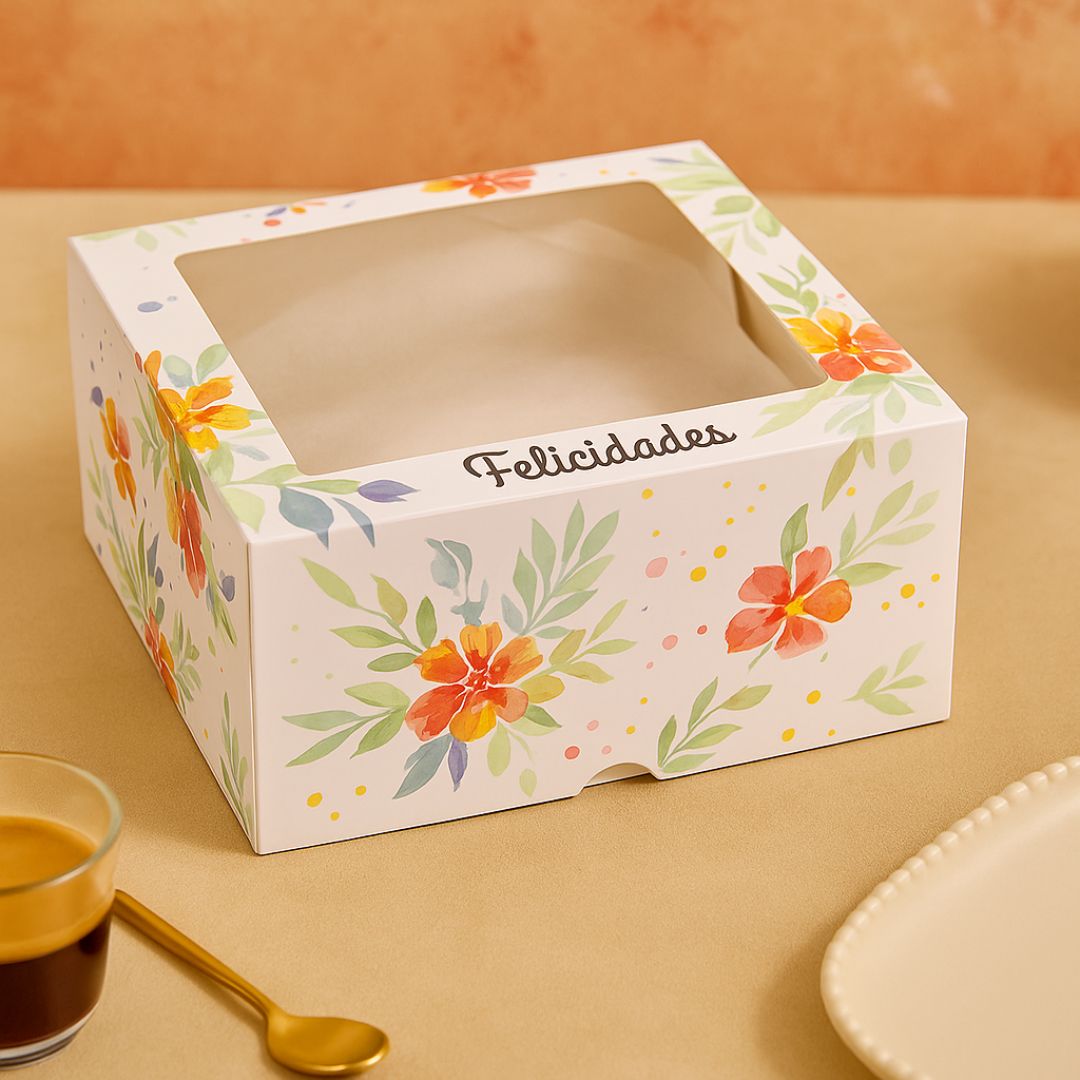 CAJA CARTULINA MEDORO TORTA FELICIDADES C/VISOR (25*25*10CM) *25UNID