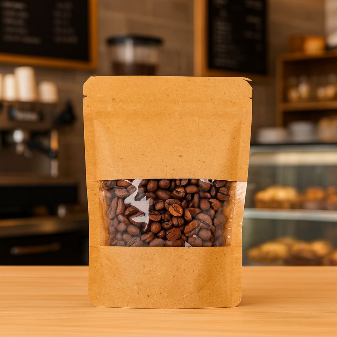 BOLSAS DOYPACK PAPEL KRAFT 250ML C/VENTANA Y ZIPPER 11*15CM (130MIC) *50UNID