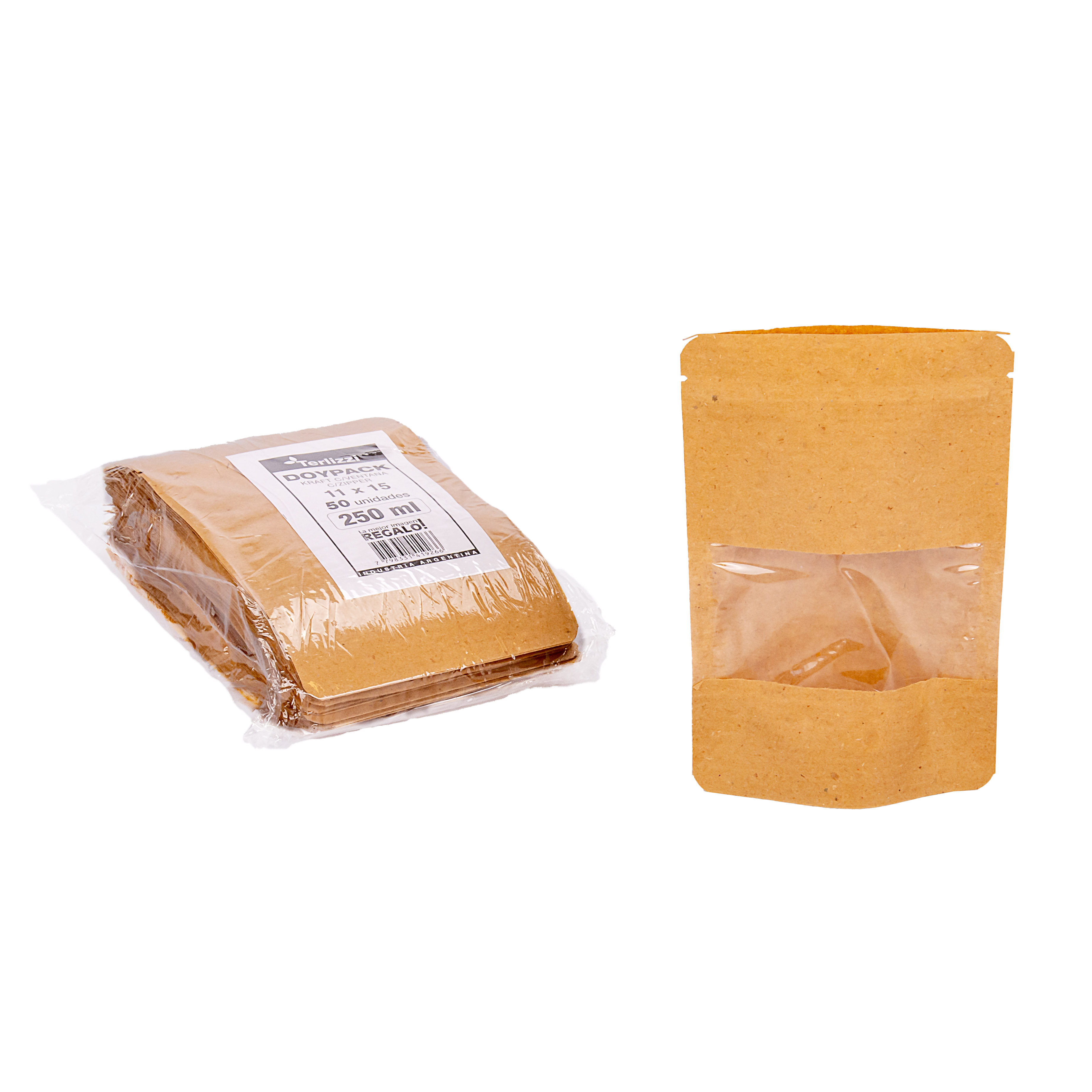 BOLSAS DOYPACK PAPEL KRAFT 250ML C/VENTANA Y ZIPPER 11*15CM (130MIC) *50UNID