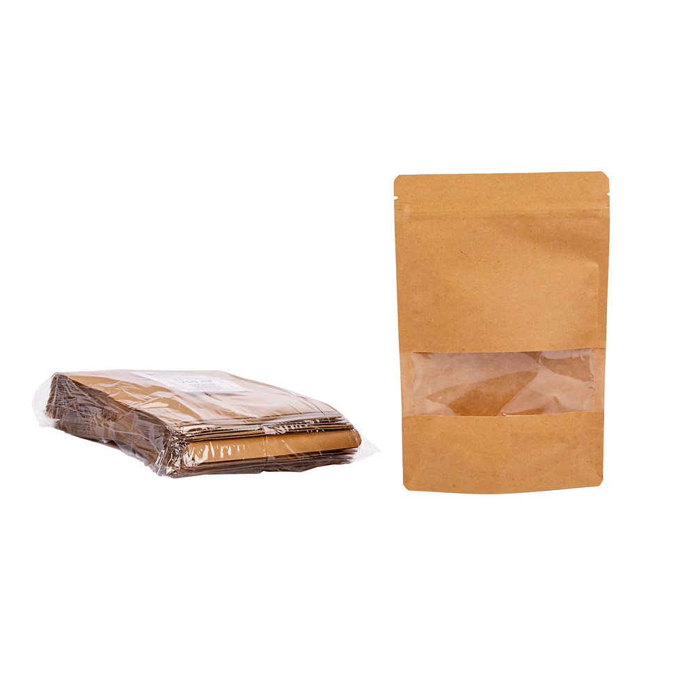 BOLSAS DOYPACK PAPEL KRAFT 750ML C/VENTANA Y ZIPPER 15*22CM (130MIC) *50UNID