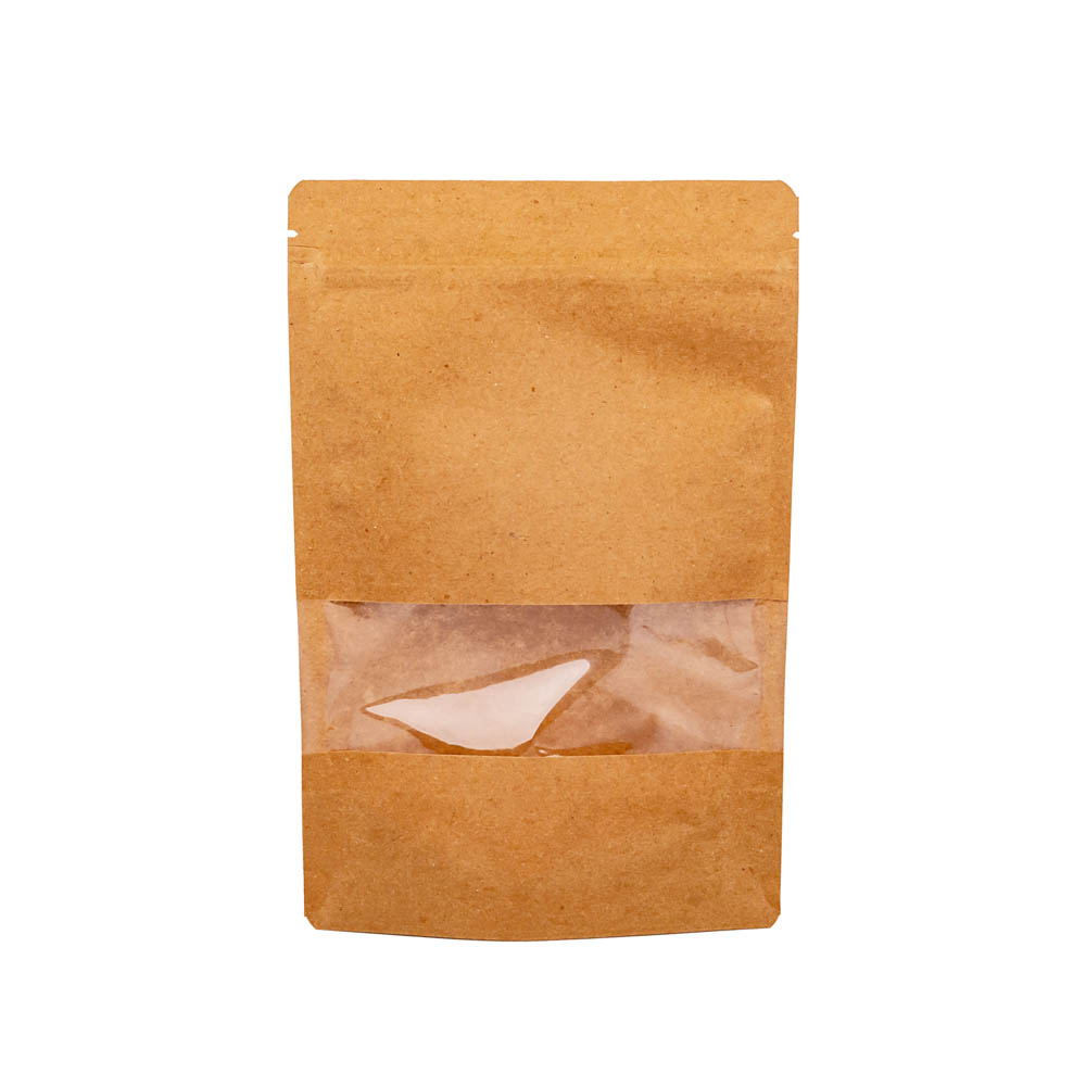 BOLSAS DOYPACK PAPEL KRAFT 750ML C/VENTANA Y ZIPPER 15*22CM (130MIC) *50UNID