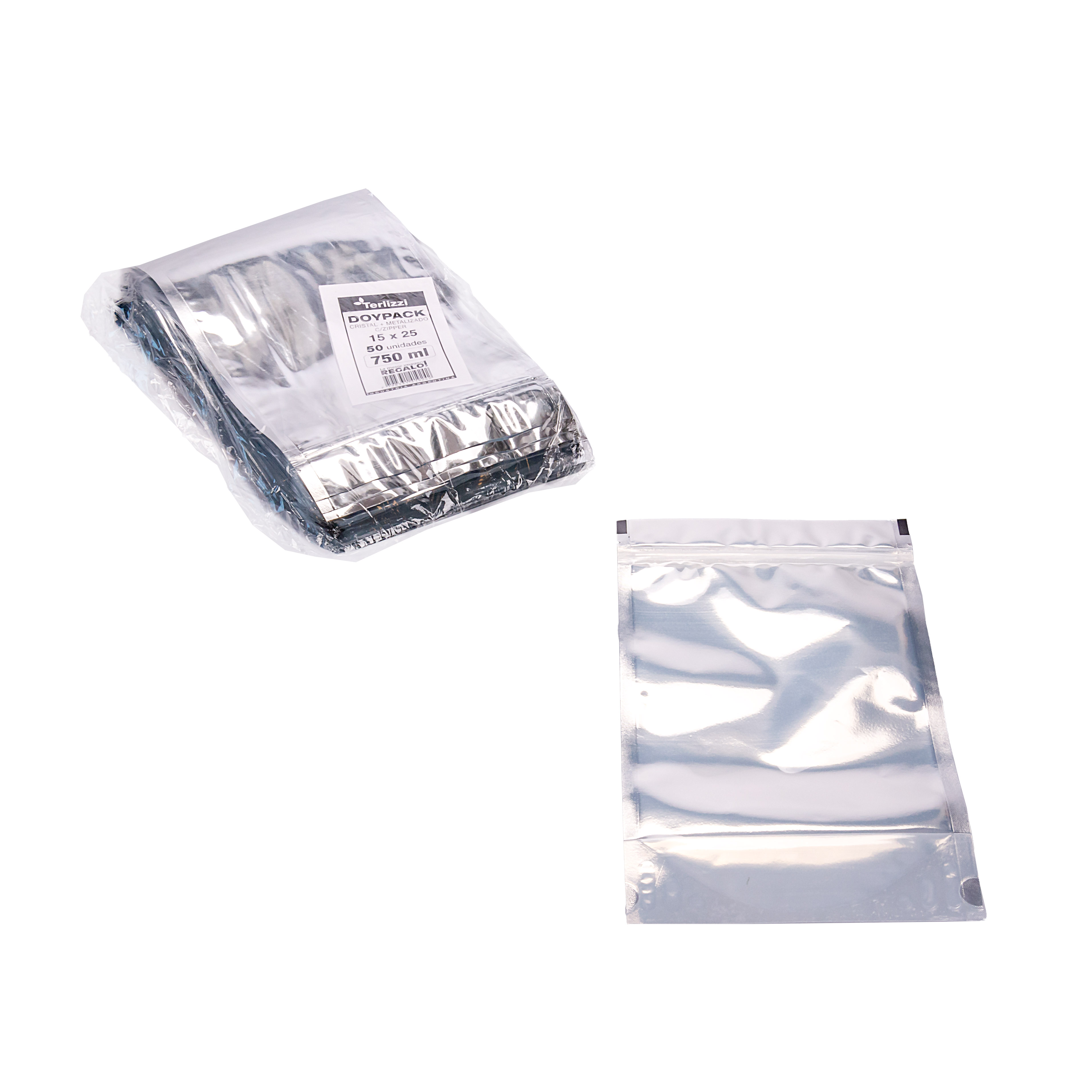 BOLSAS DOYPACK METALIZADAS 750ML C/VENTANA Y ZIPPER 15*25CM (80MIC) *50UNID