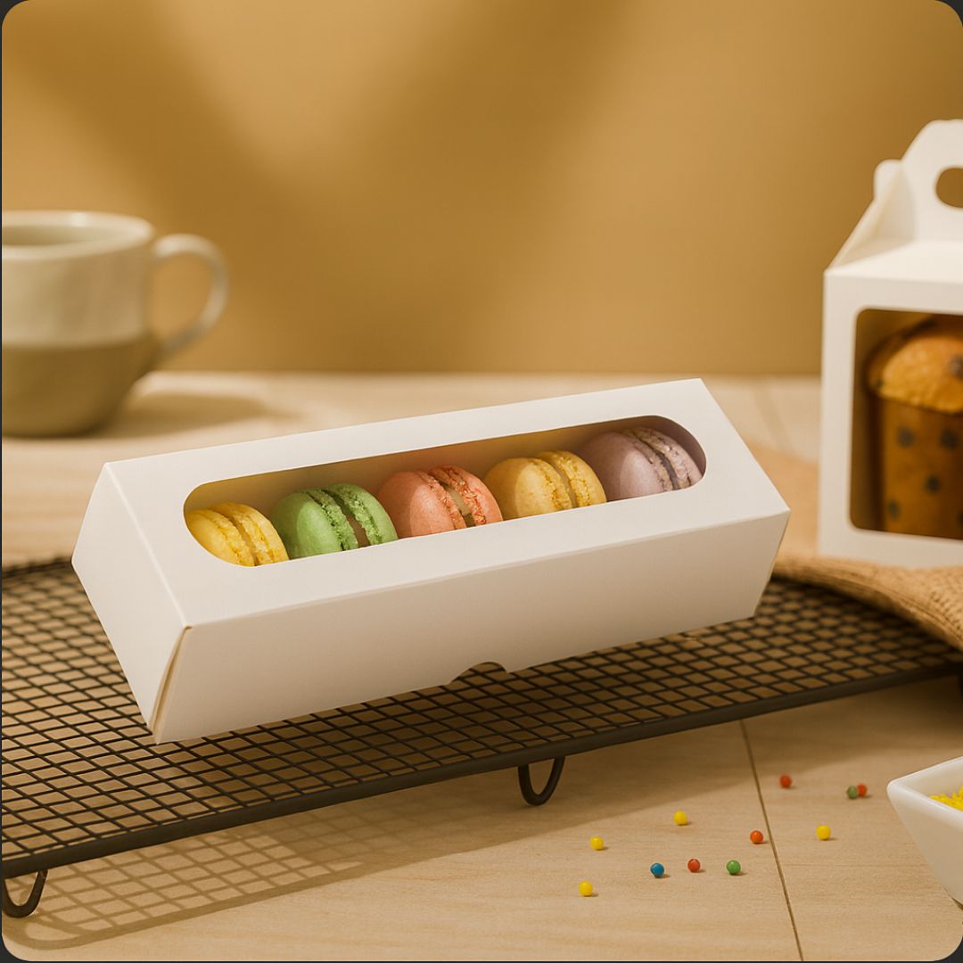 CAJA CARTULINA BLANCA 5/6 MACARONS (20X5X5CM C/VISOR) mE *25UNID