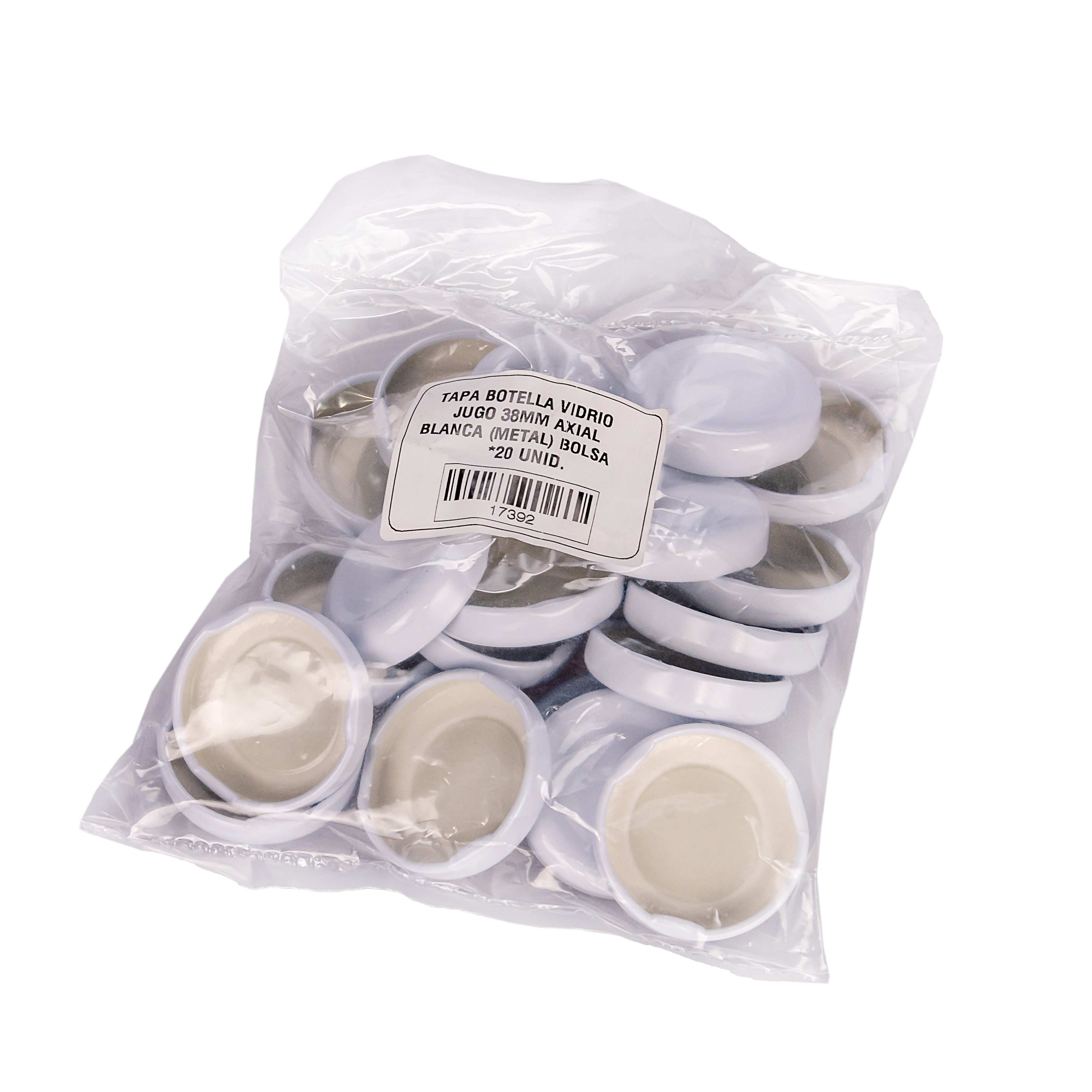 TAPA BOTELLA VIDRIO JUGO 38MM AXIAL BLANCA (METAL) PACK *20UNID
