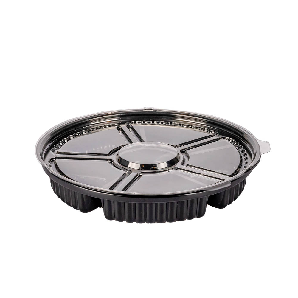 BANDEJA CON 5 DIVISIONES BASE NEGRA TAPA CRISTAL (26CM DIAM.*4.5CM ALTO) *10UNID.