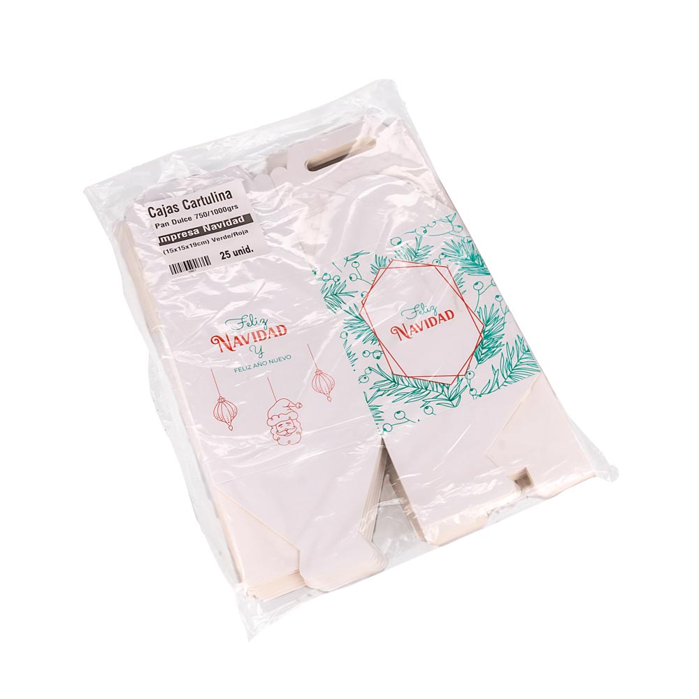 CAJA CARTULINA IMPRESA NAVIDAD PAN DULCE .3/4KG-1KG (15X15X19CM C/MANIJA Y VISOR) mE *25UNID (DISC)