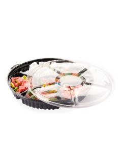 BANDEJA CON 5 DIVISIONES BASE NEGRA TAPA CRISTAL (26CM DIAM.*4.5CM ALTO) *10UNID.